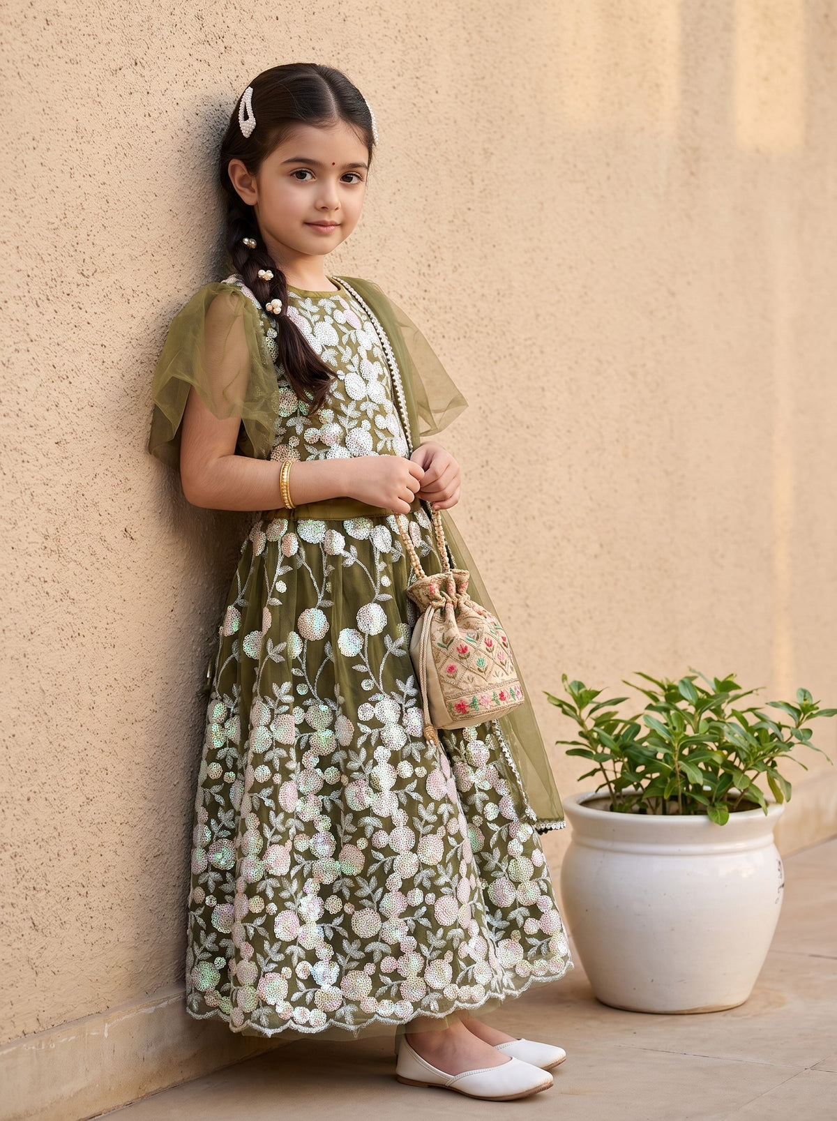 Bella Moda Girls Olive Green Floral Embroidered Lehenga Set with Net Dupatta AUETH810AH