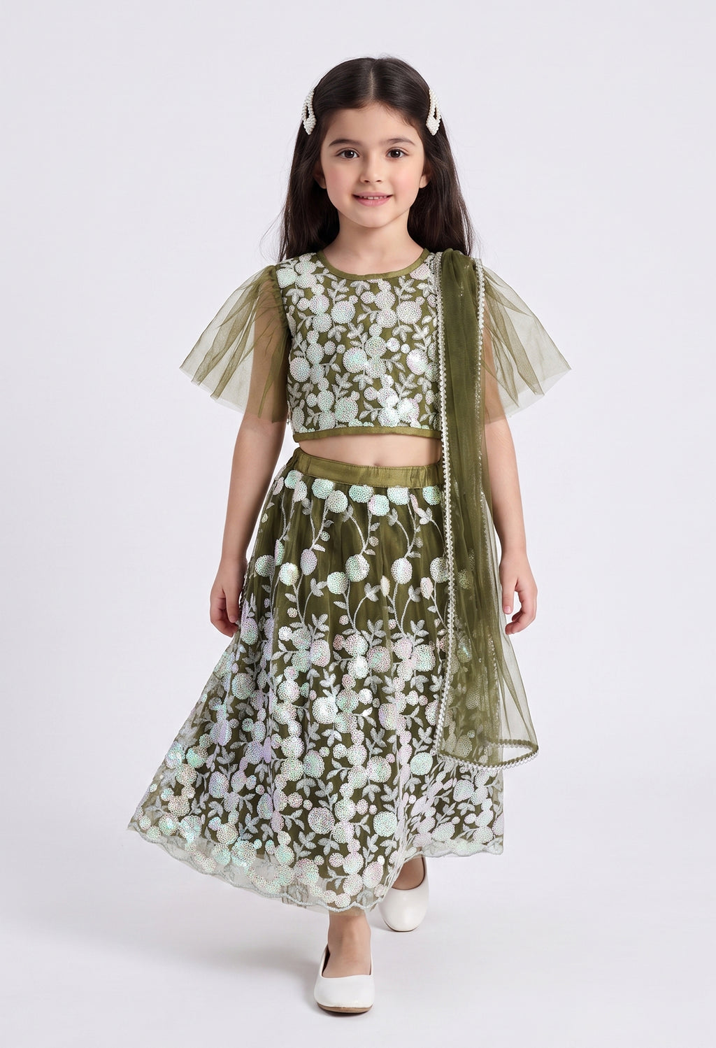 Bella Moda Girls Olive Green Floral Embroidered Lehenga Set with Net Dupatta AUETH810AH