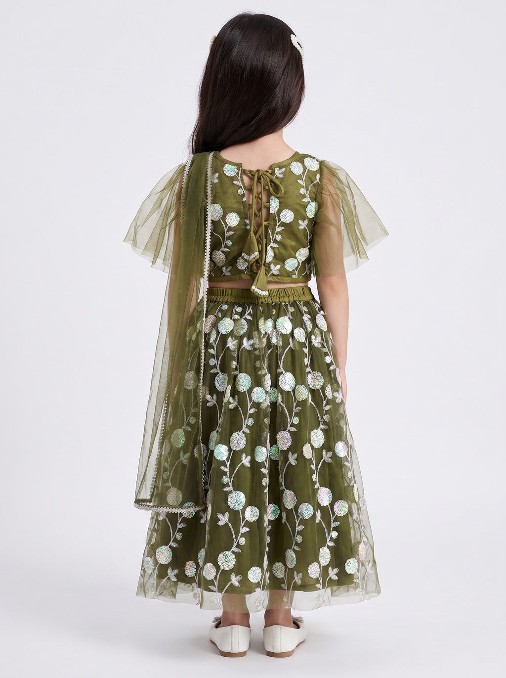 Bella Moda Girls Olive Green Floral Embroidered Lehenga Set with Net Dupatta AUETH810AH