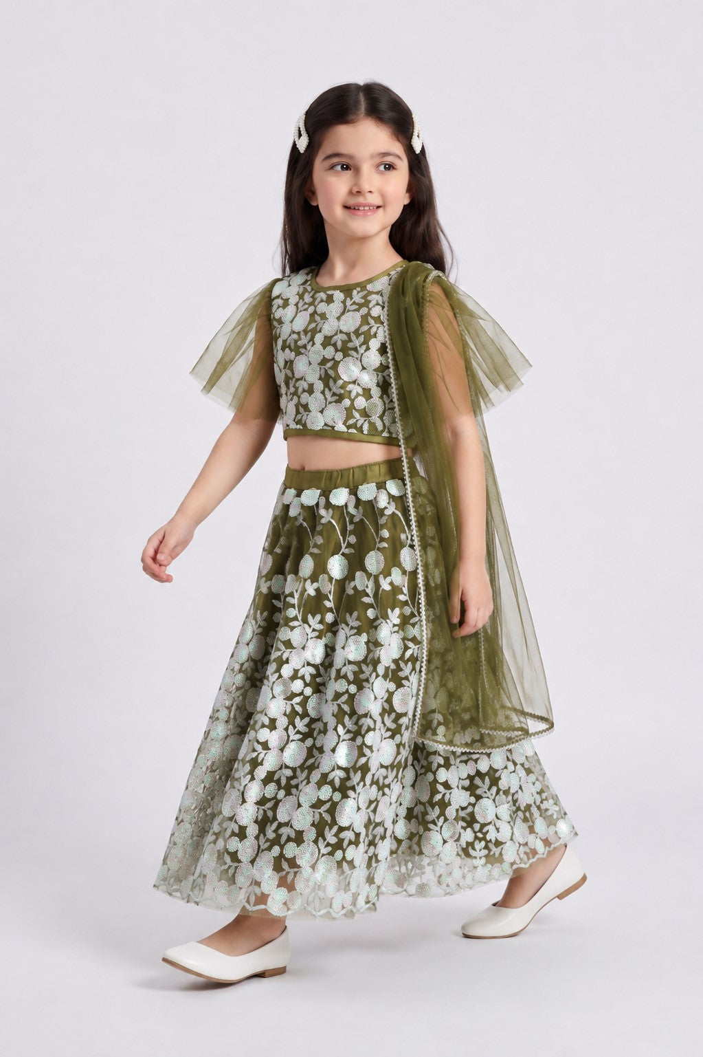 Bella Moda Girls Olive Green Floral Embroidered Lehenga Set with Net Dupatta AUETH810AH