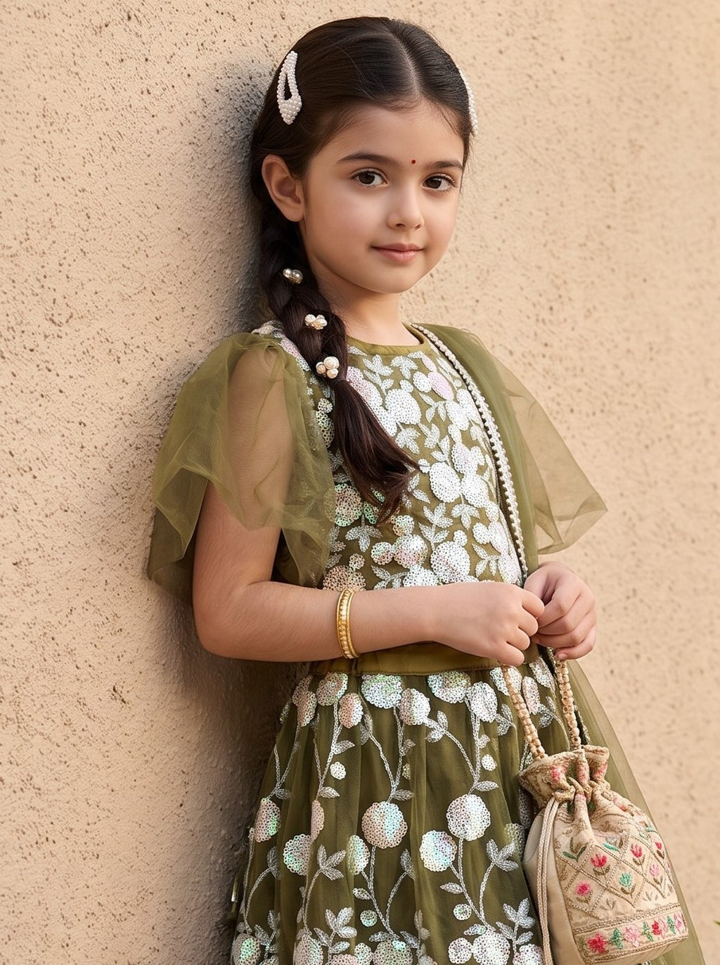 Bella Moda Girls Olive Green Floral Embroidered Lehenga Set with Net Dupatta AUETH810AH