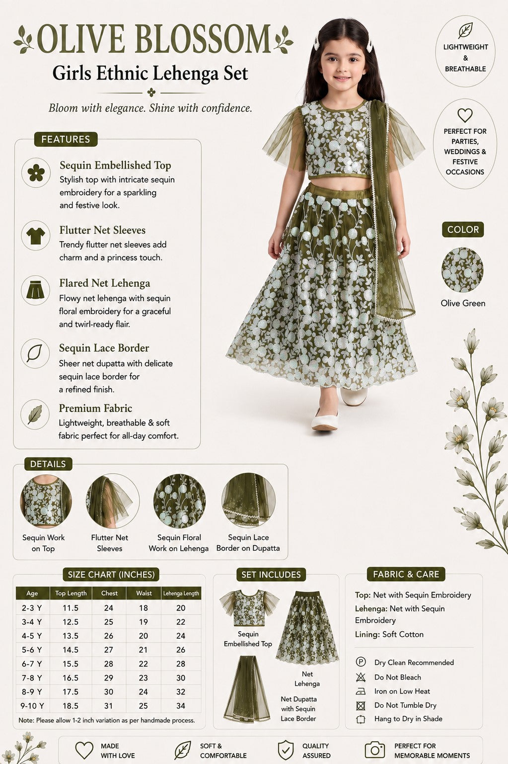 Bella Moda Girls Olive Green Floral Embroidered Lehenga Set with Net Dupatta AUETH810AH
