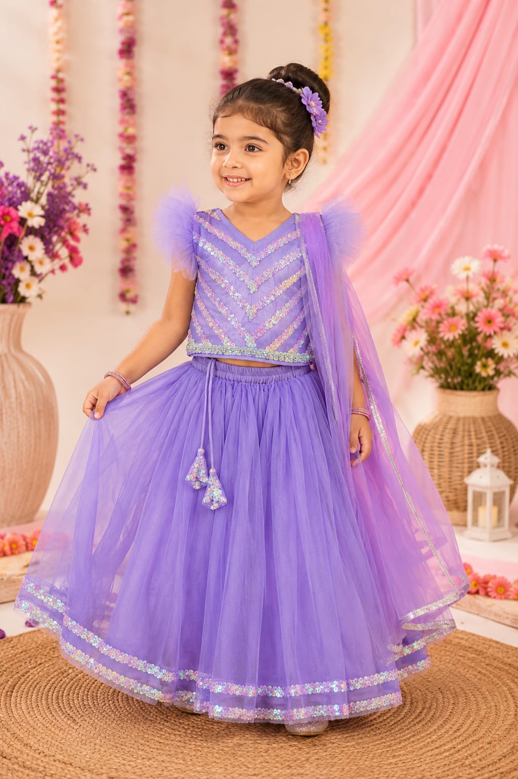Bella Moda Girls Lavender Sequin Embroidered Lehenga Set with Net Dupatta AUETH811AH