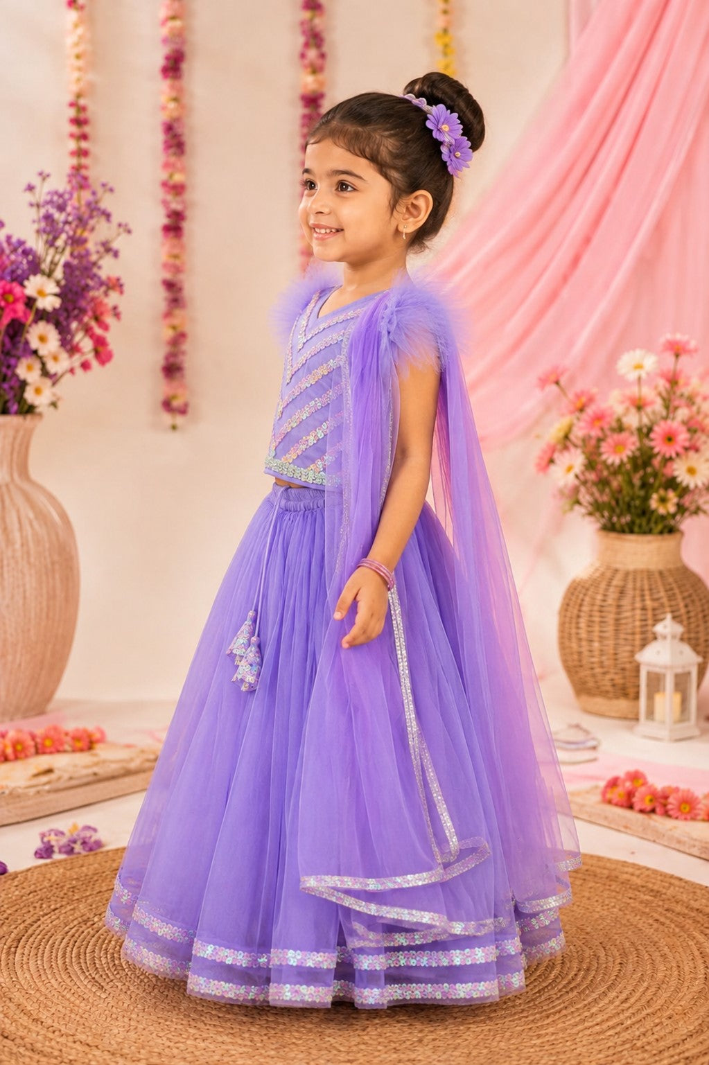 Bella Moda Girls Lavender Sequin Embroidered Lehenga Set with Net Dupatta AUETH811AH