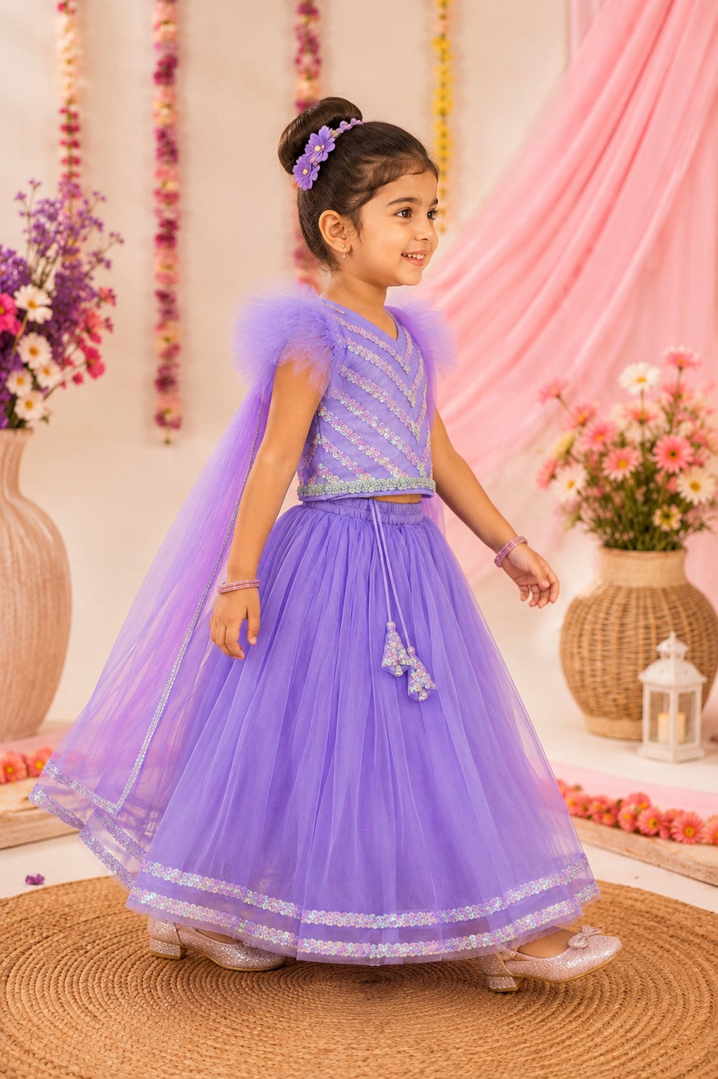 Bella Moda Girls Lavender Sequin Embroidered Lehenga Set with Net Dupatta AUETH811AH