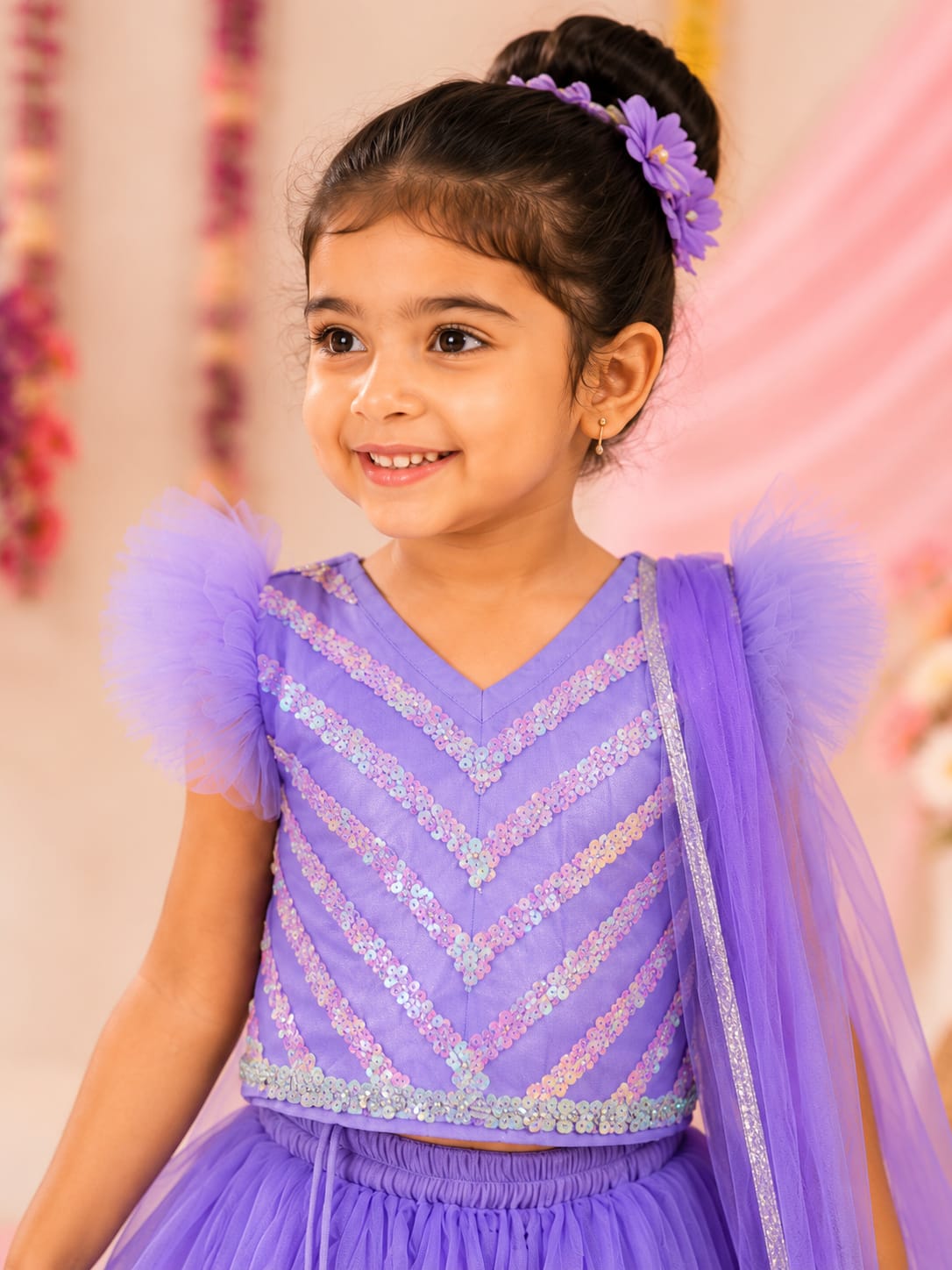 Bella Moda Girls Lavender Sequin Embroidered Lehenga Set with Net Dupatta AUETH811AH