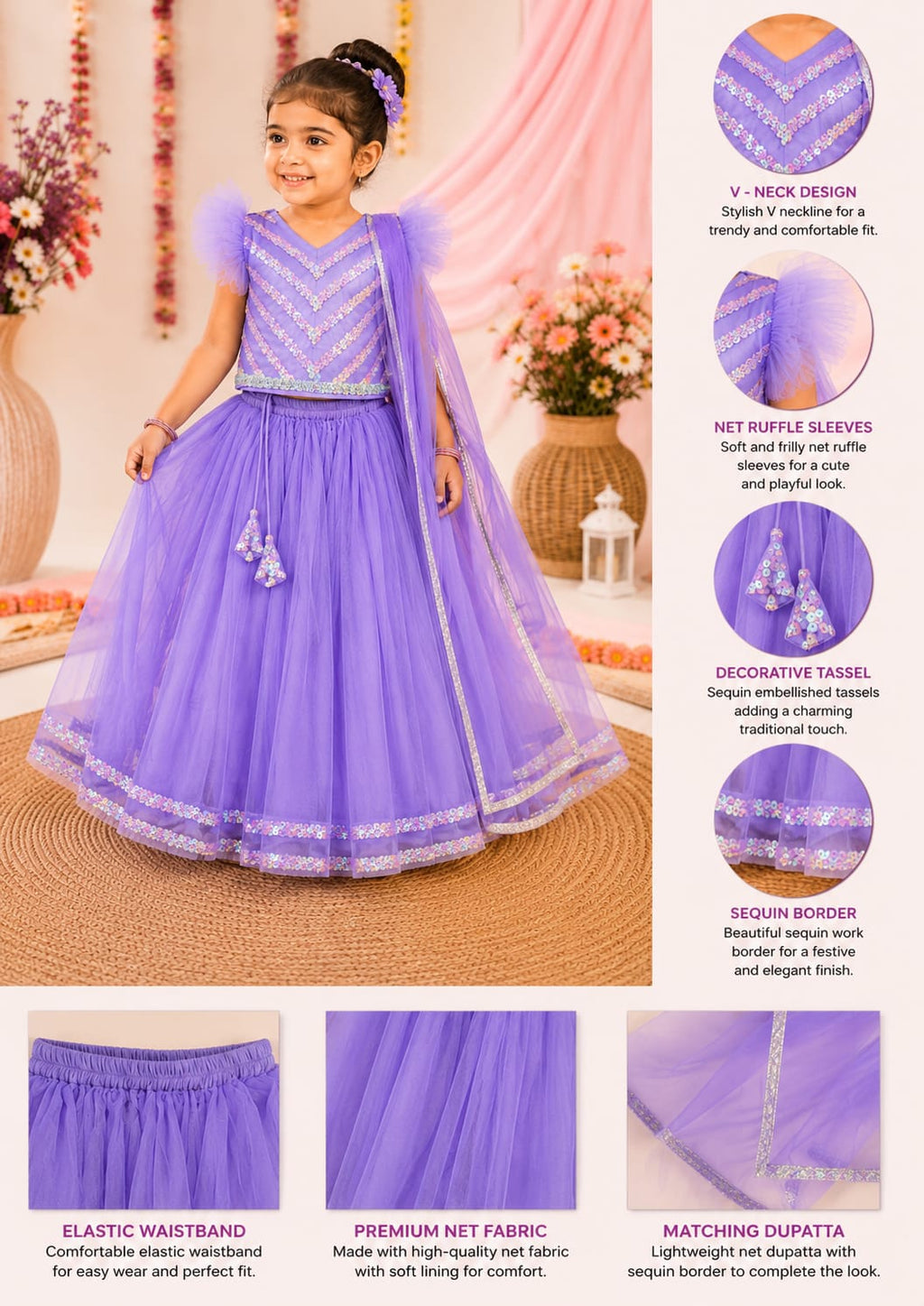 Bella Moda Girls Lavender Sequin Embroidered Lehenga Set with Net Dupatta AUETH811AH