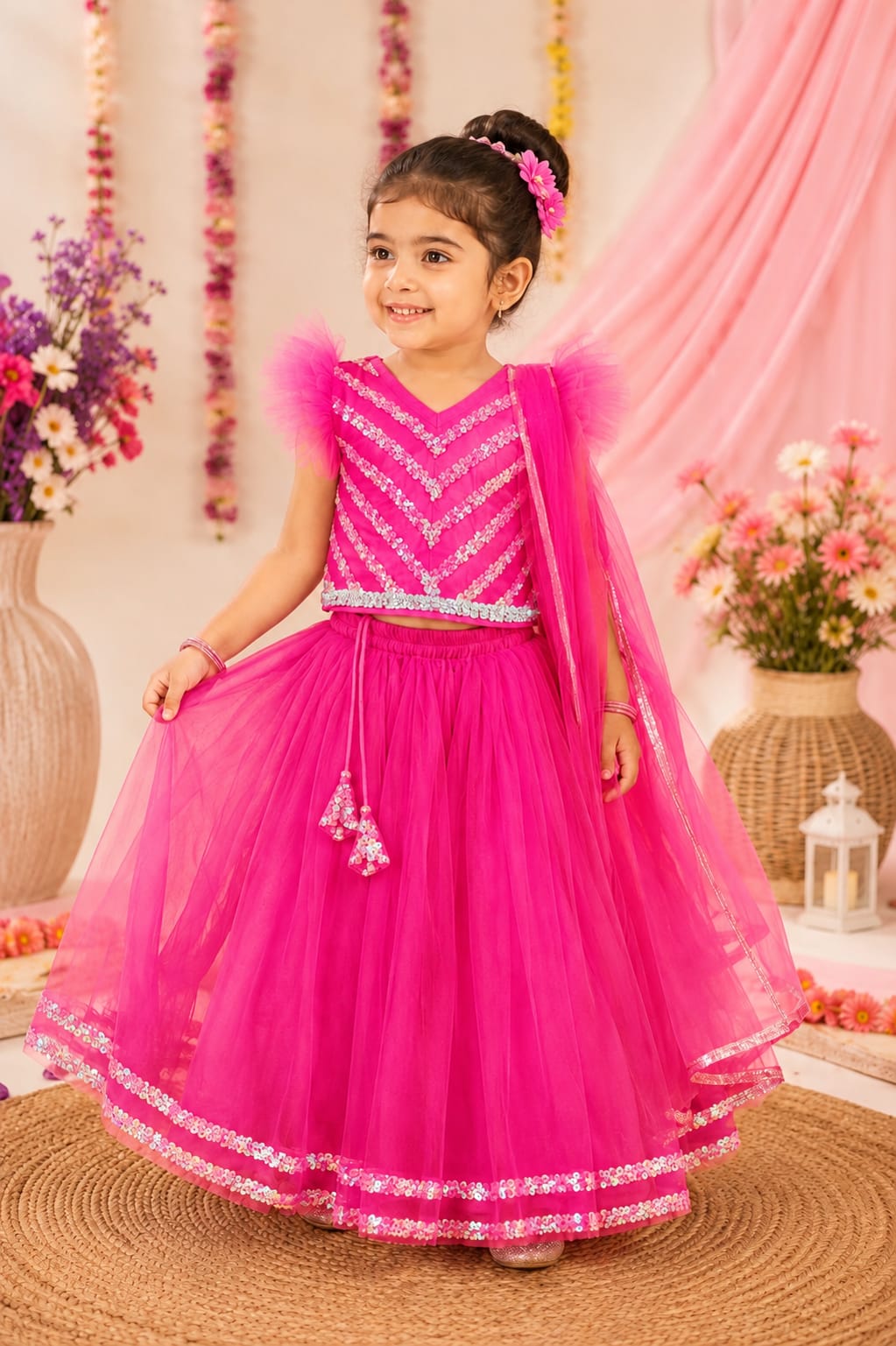 Bella Moda Girls Pink Sequin Embellished Lehenga Choli Set with Dupatta AUETH812AH