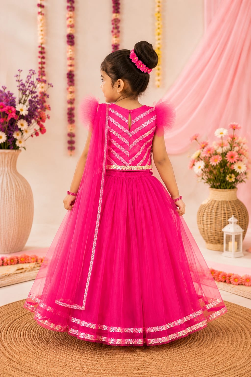 Bella Moda Girls Pink Sequin Embellished Lehenga Choli Set with Dupatta AUETH812AH