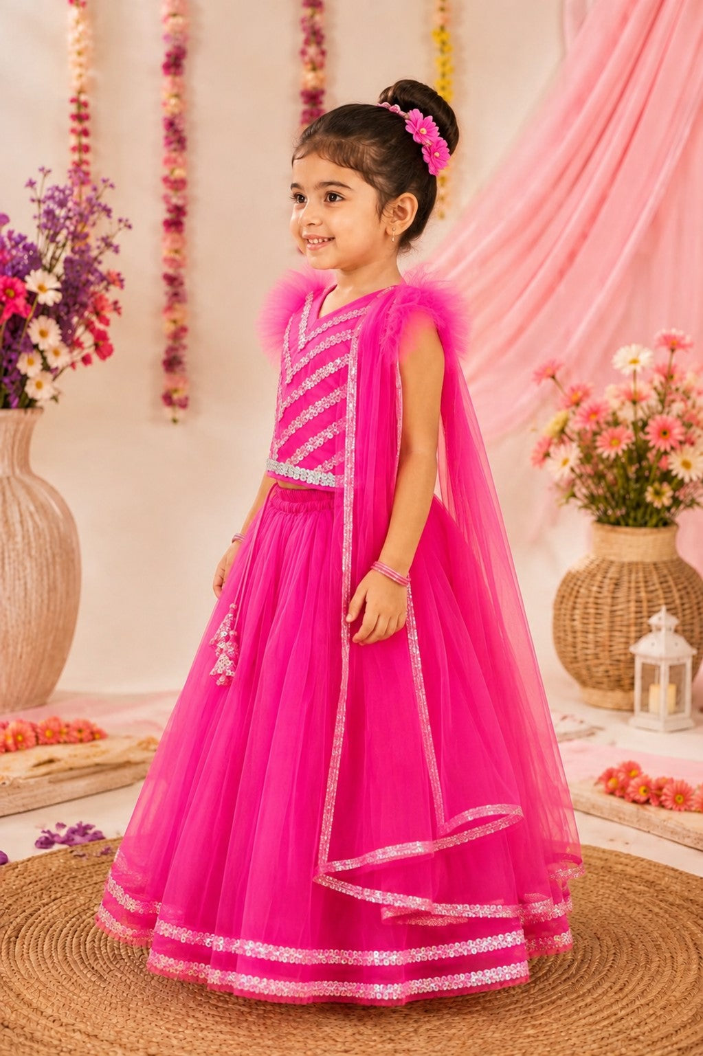Bella Moda Girls Pink Sequin Embellished Lehenga Choli Set with Dupatta AUETH812AH