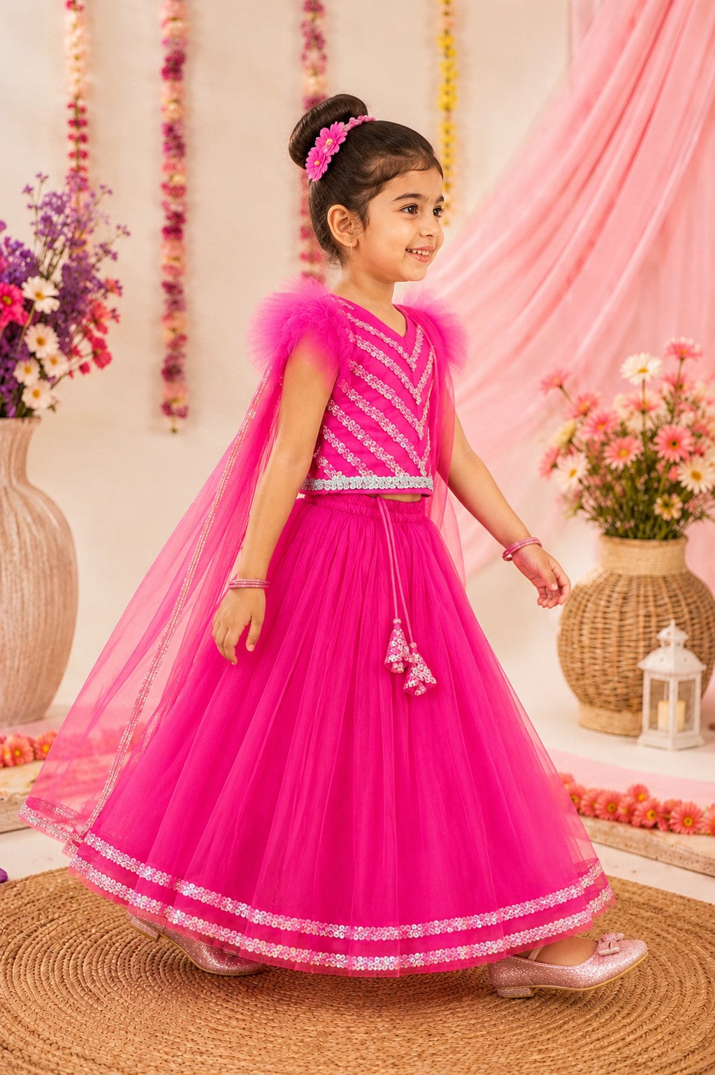 Bella Moda Girls Pink Sequin Embellished Lehenga Choli Set with Dupatta AUETH812AH