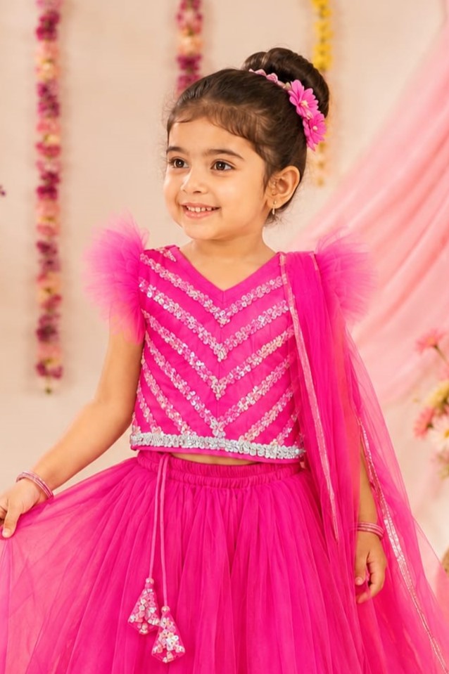 Bella Moda Girls Pink Sequin Embellished Lehenga Choli Set with Dupatta AUETH812AH