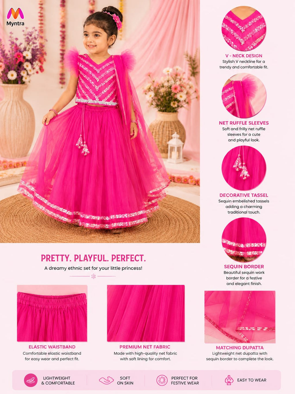 Bella Moda Girls Pink Sequin Embellished Lehenga Choli Set with Dupatta AUETH812AH