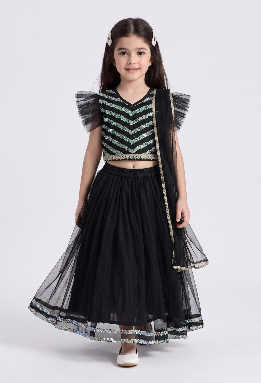 Bella Moda Girls Black Sequin Embellished Lehenga Choli Set with Dupatta AUETH813AH