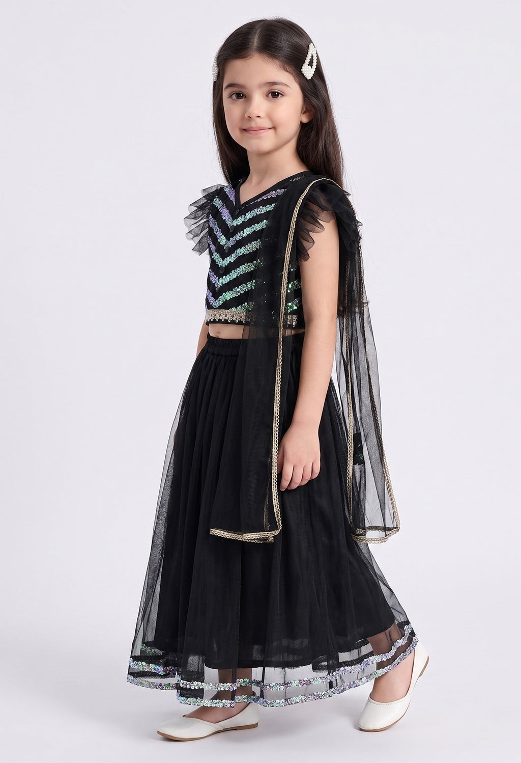 Bella Moda Girls Black Sequin Embellished Lehenga Choli Set with Dupatta AUETH813AH