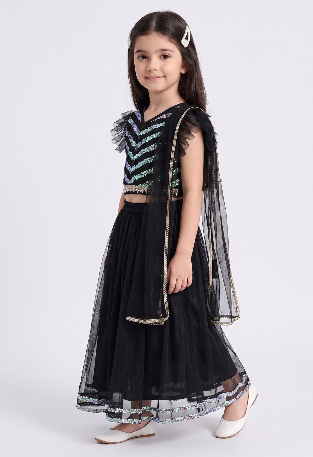 Bella Moda Girls Black Sequin Embellished Lehenga Choli Set with Dupatta AUETH813AH