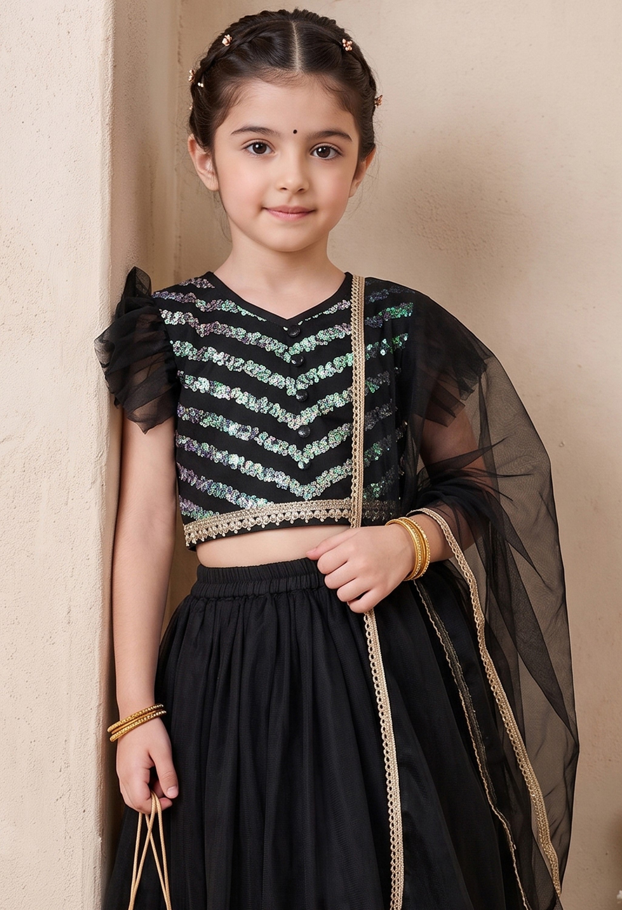 Bella Moda Girls Black Sequin Embellished Lehenga Choli Set with Dupatta AUETH813AH