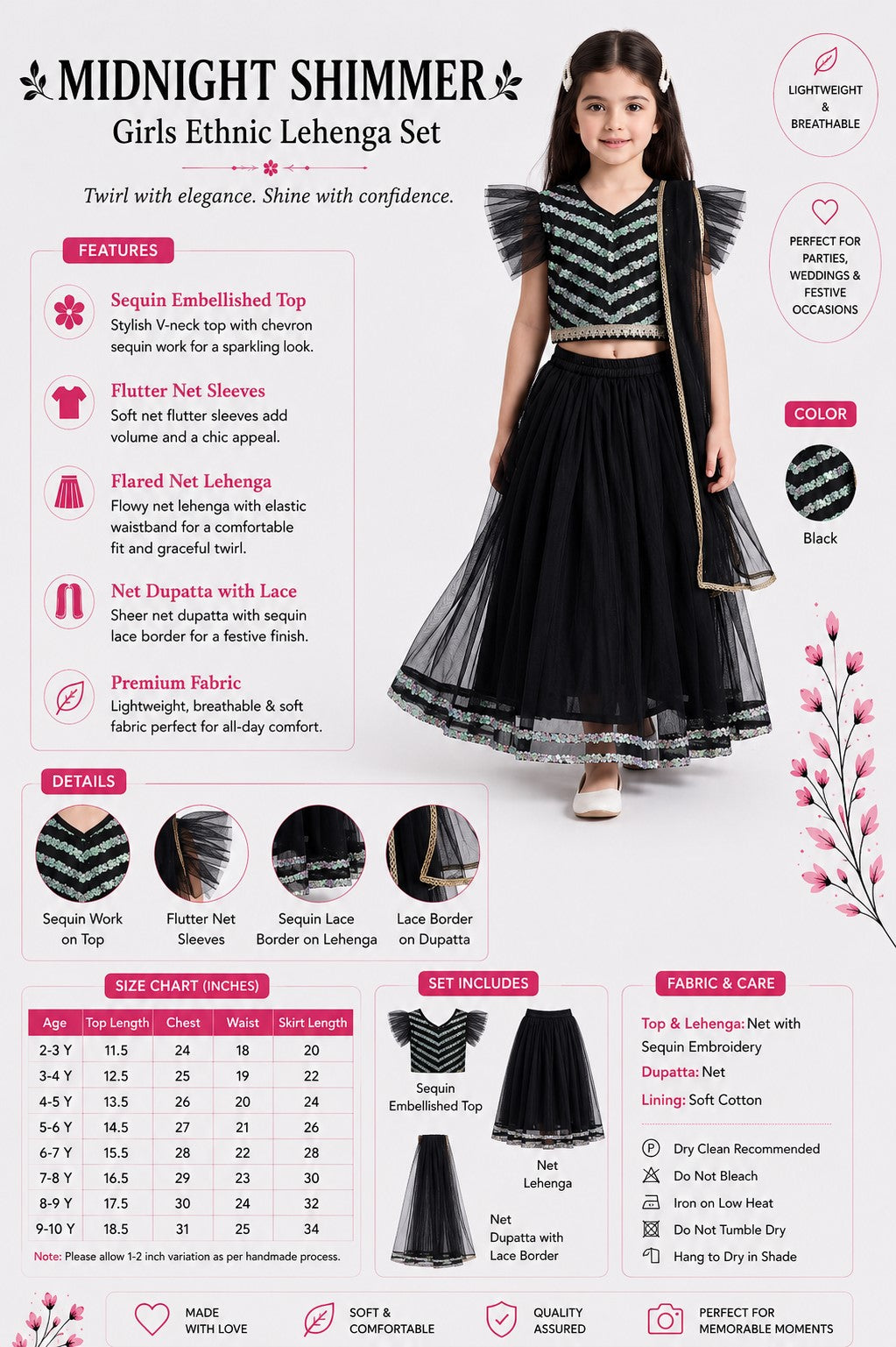Bella Moda Girls Black Sequin Embellished Lehenga Choli Set with Dupatta AUETH813AH