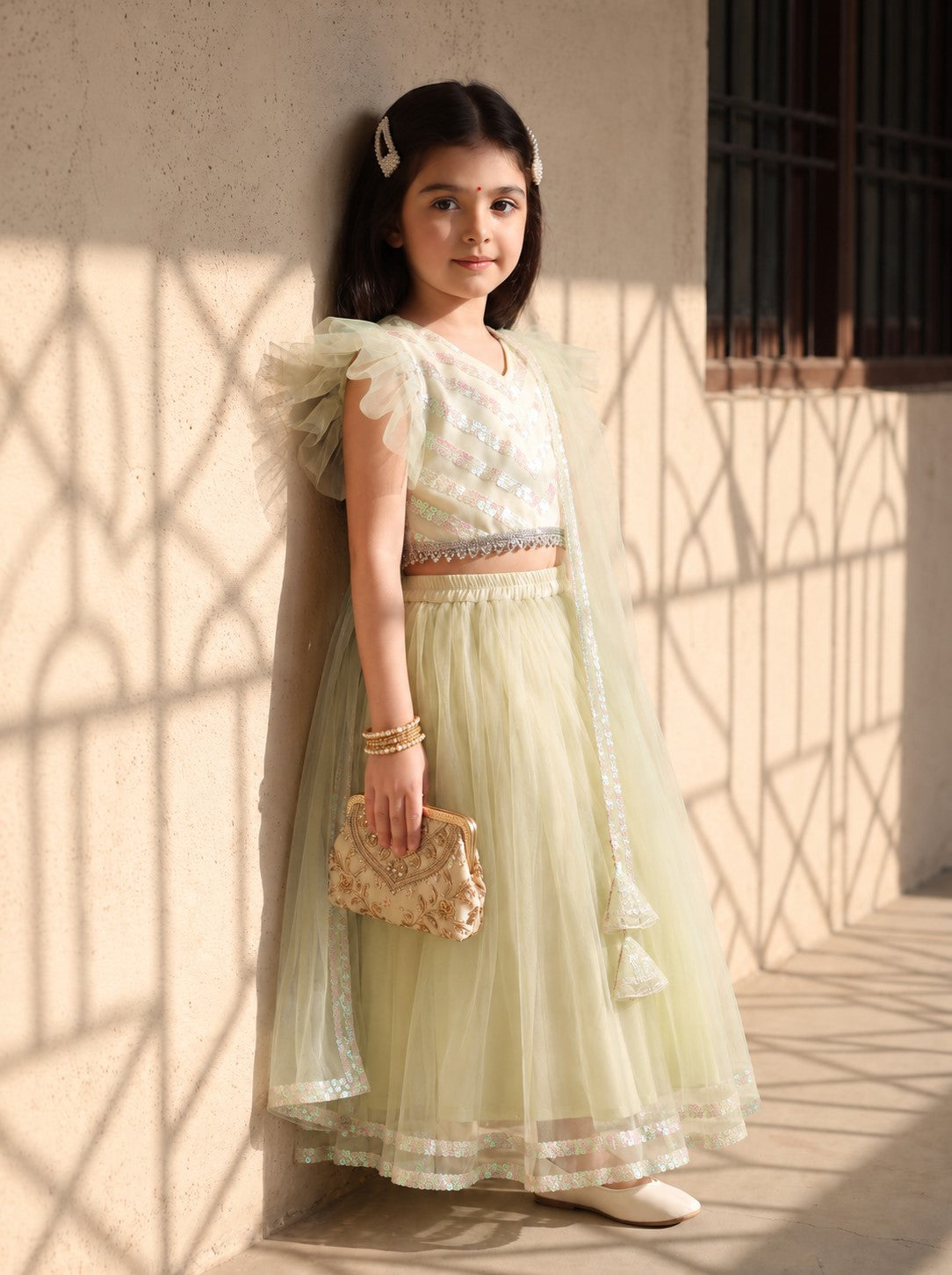 Bella Moda Girls Mint Green Sequin Embellished Lehenga Choli Set with Dupatta AUETH814AH