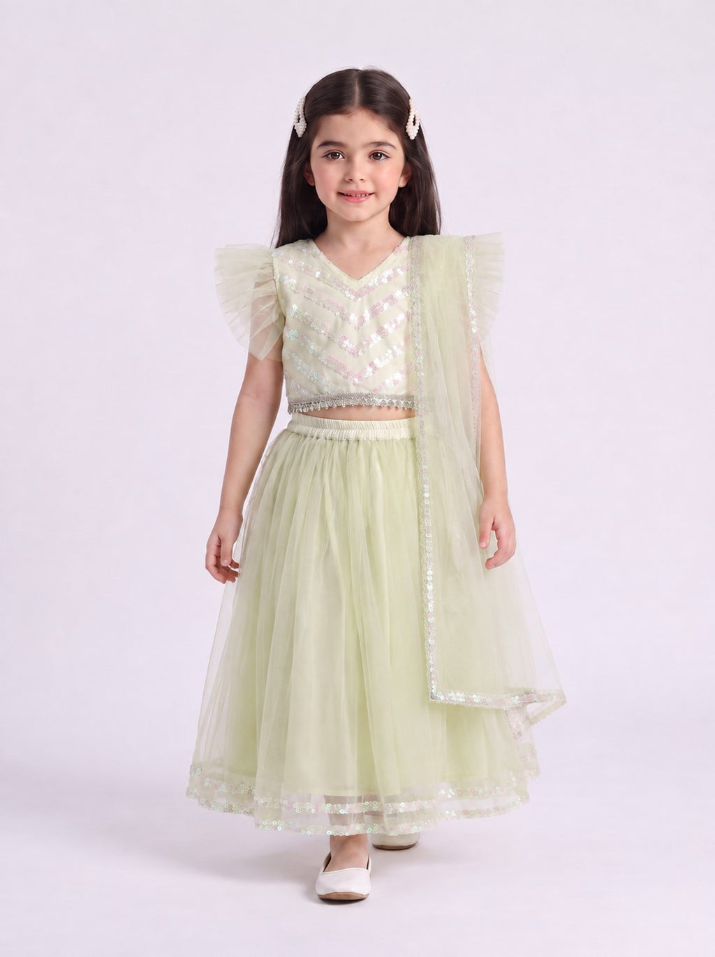 Bella Moda Girls Mint Green Sequin Embellished Lehenga Choli Set with Dupatta AUETH814AH