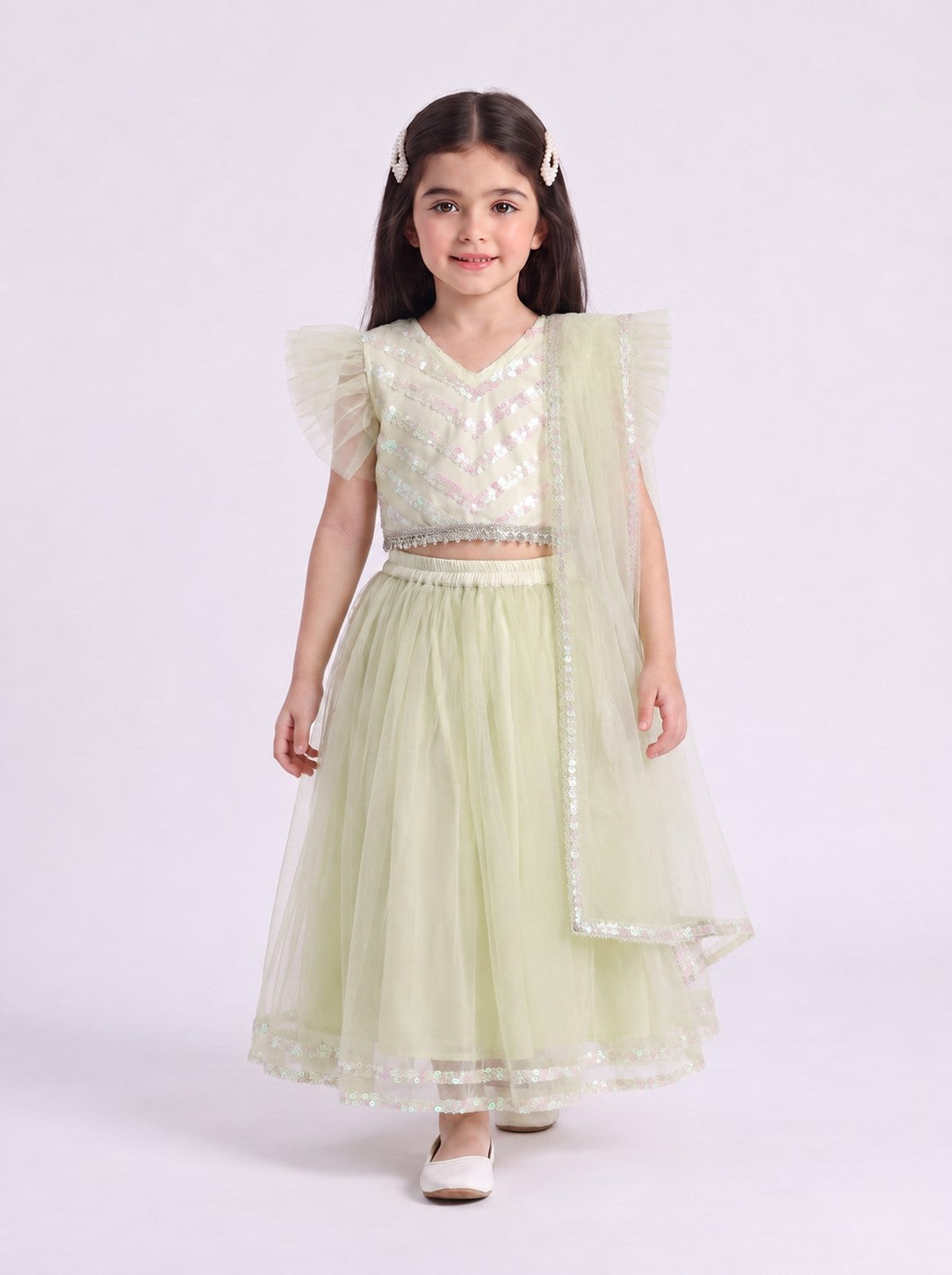 Bella Moda Girls Mint Green Sequin Embellished Lehenga Choli Set with Dupatta AUETH814AH
