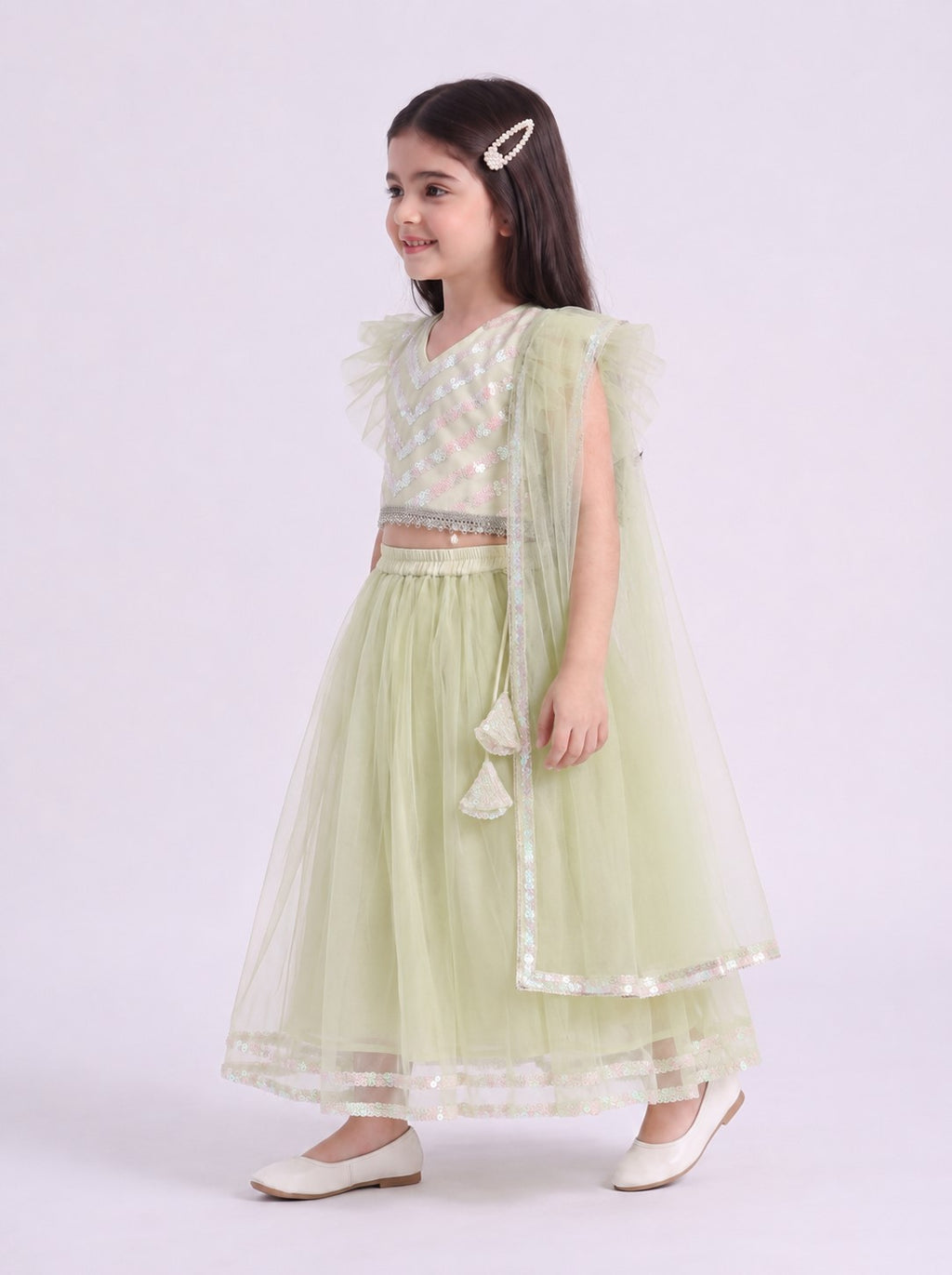 Bella Moda Girls Mint Green Sequin Embellished Lehenga Choli Set with Dupatta AUETH814AH