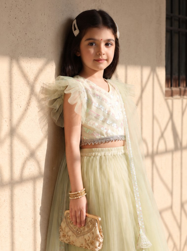 Bella Moda Girls Mint Green Sequin Embellished Lehenga Choli Set with Dupatta AUETH814AH