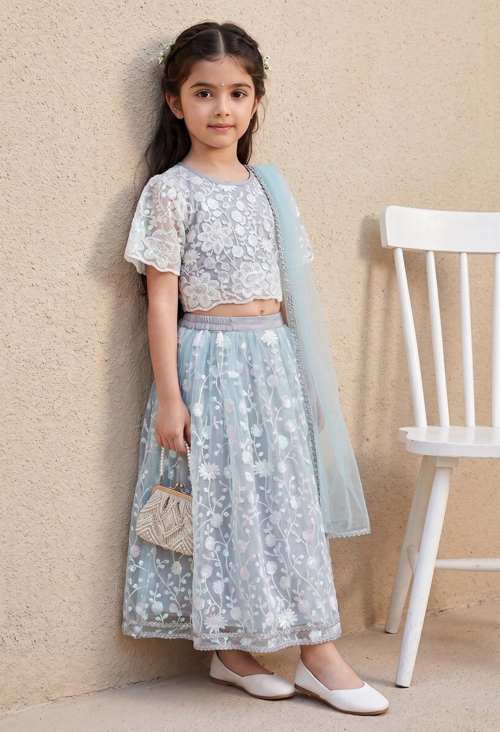 Bella Moda Girls Mint Green Floral Embroidered Lehenga Choli with Dupatta AUETH815AH