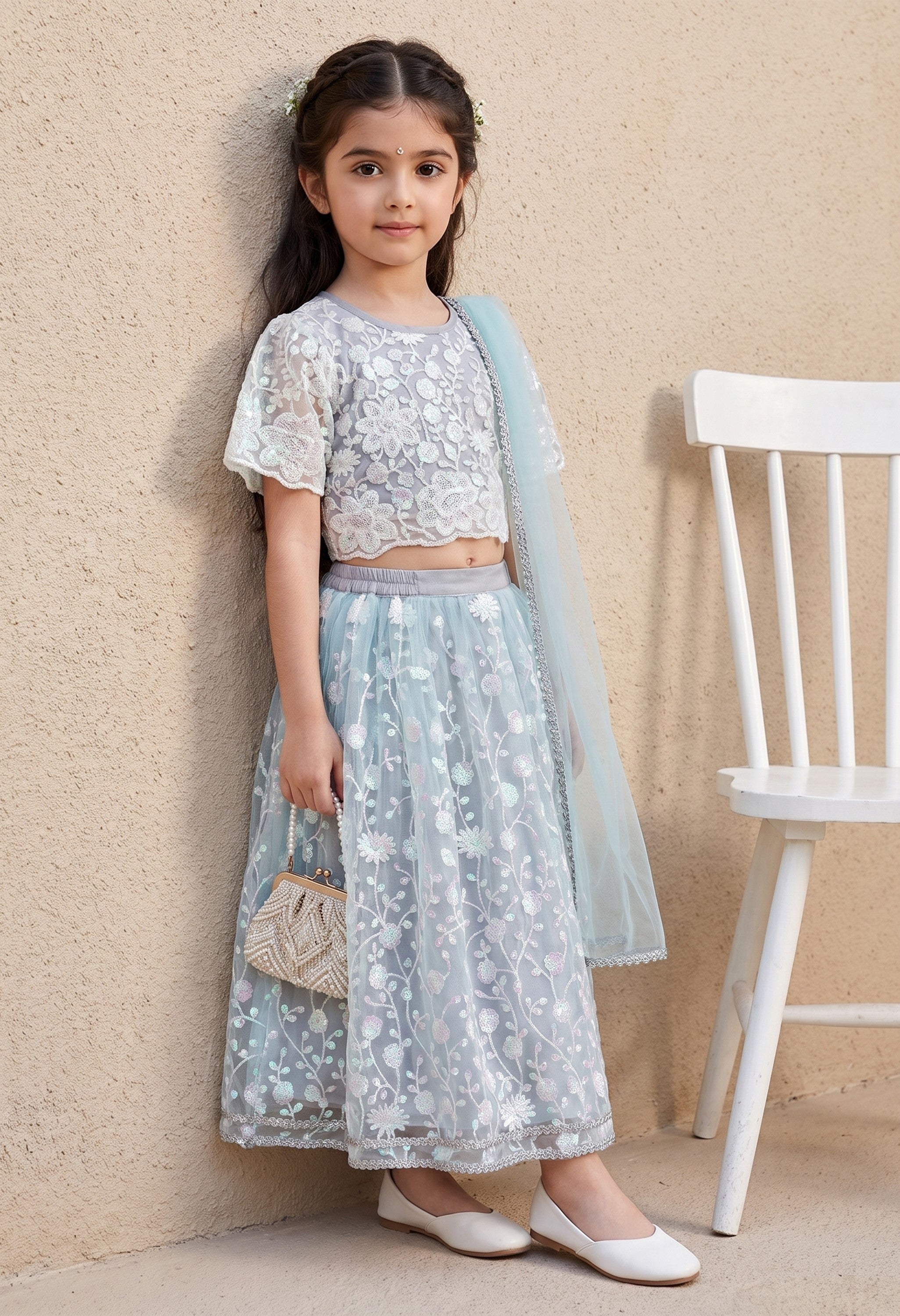 Bella Moda Girls Mint Green Floral Embroidered Lehenga Choli with Dupatta AUETH815AH
