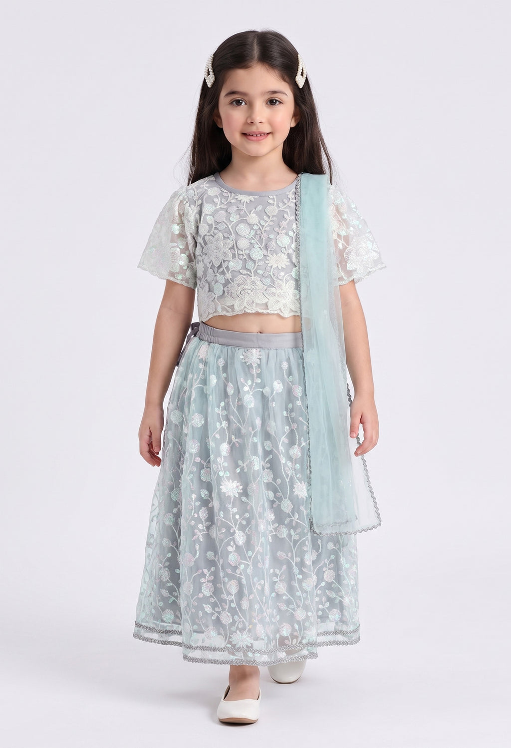 Bella Moda Girls Mint Green Floral Embroidered Lehenga Choli with Dupatta AUETH815AH