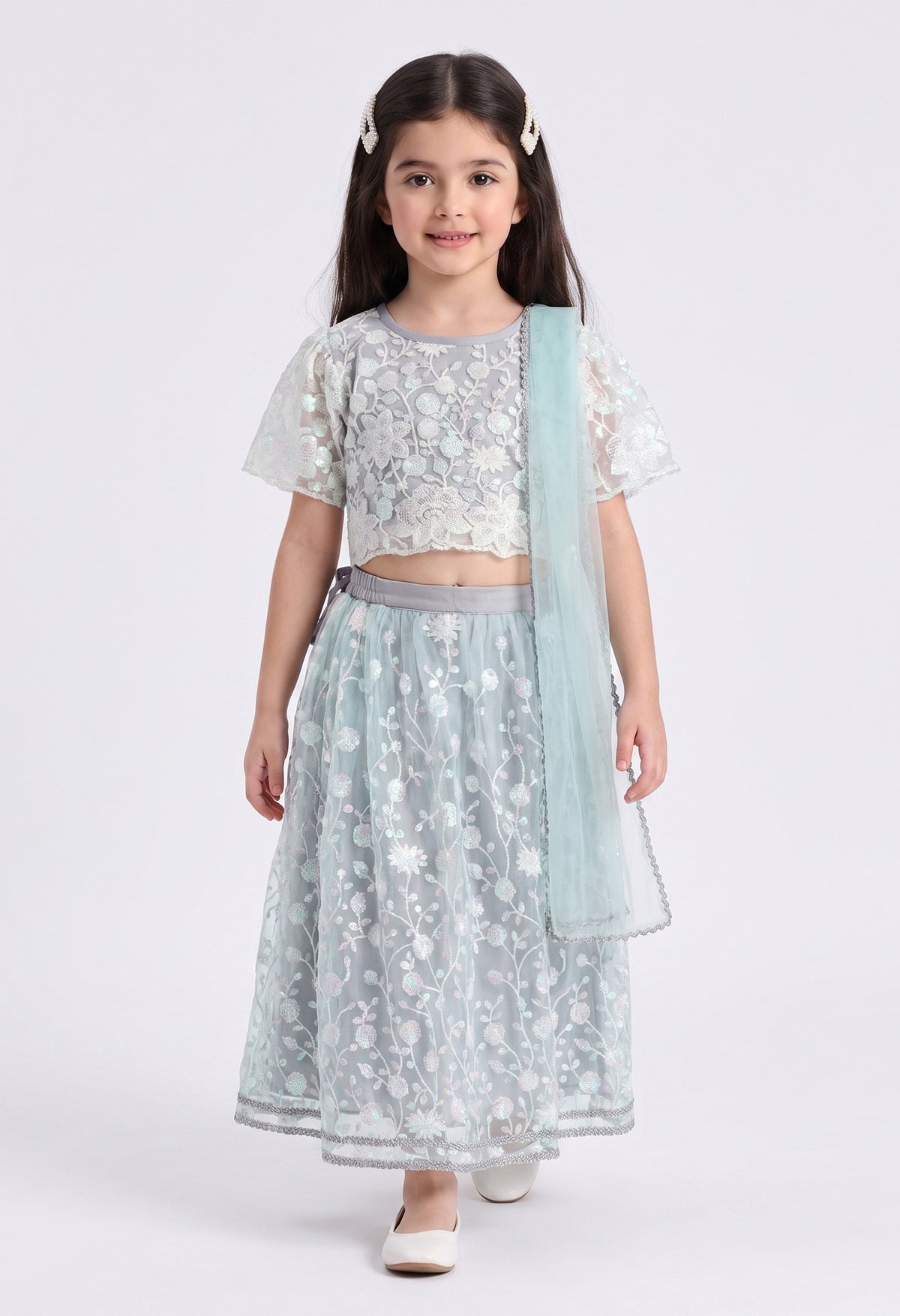 Bella Moda Girls Mint Green Floral Embroidered Lehenga Choli with Dupatta AUETH815AH