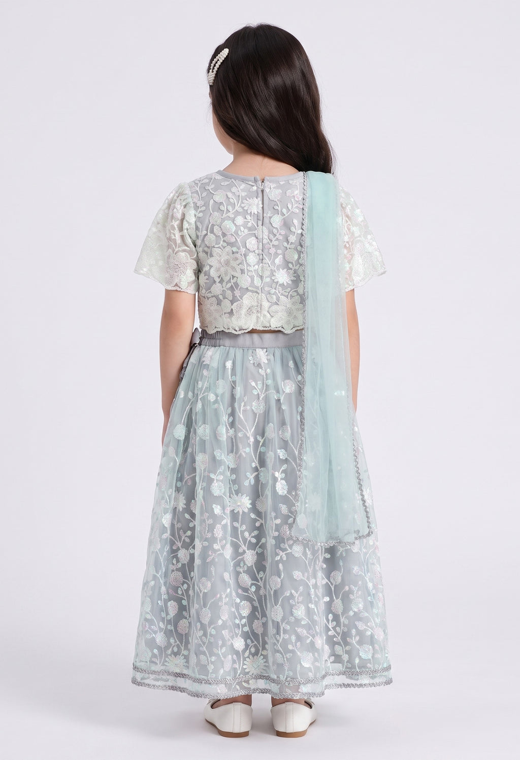 Bella Moda Girls Mint Green Floral Embroidered Lehenga Choli with Dupatta AUETH815AH