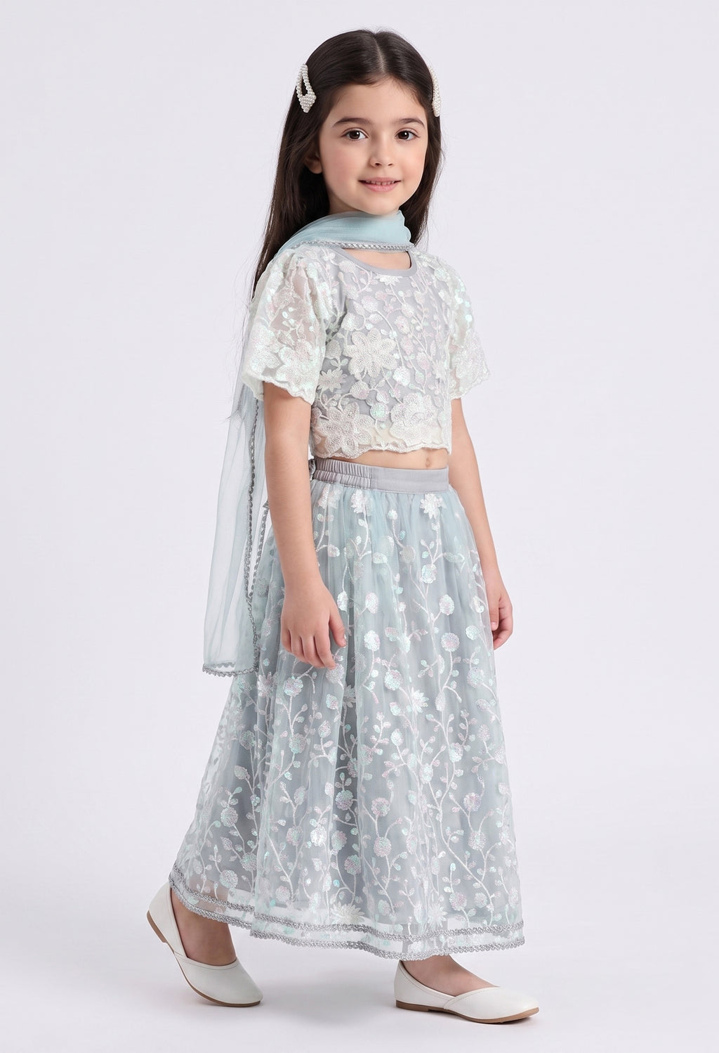 Bella Moda Girls Mint Green Floral Embroidered Lehenga Choli with Dupatta AUETH815AH