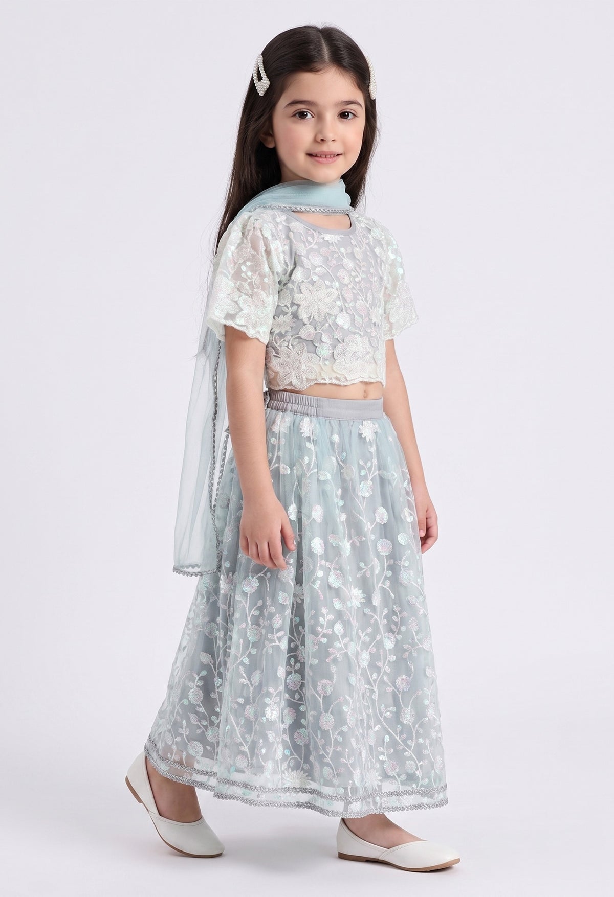 Bella Moda Girls Mint Green Floral Embroidered Lehenga Choli with Dupatta AUETH815AH