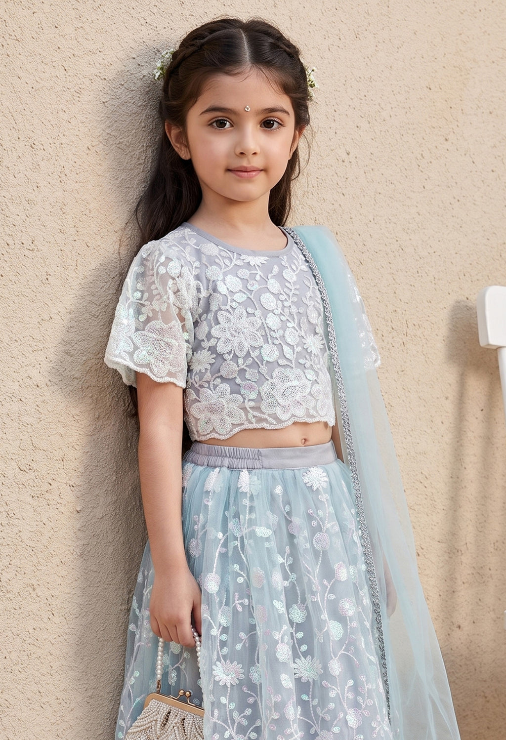 Bella Moda Girls Mint Green Floral Embroidered Lehenga Choli with Dupatta AUETH815AH