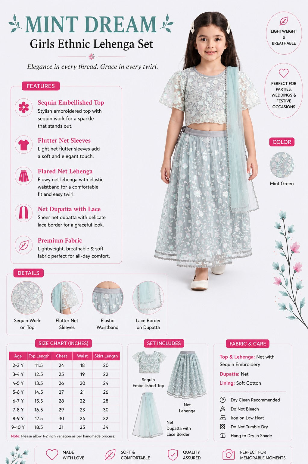 Bella Moda Girls Mint Green Floral Embroidered Lehenga Choli with Dupatta AUETH815AH