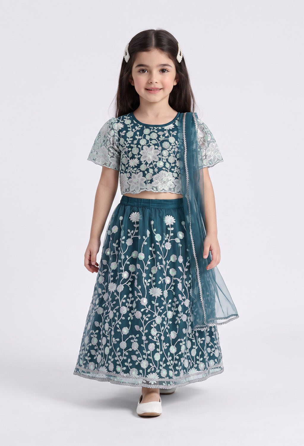 Bella Moda Girls Teal Blue Floral Sequin Embroidered Lehenga Choli with Dupatta AUETH816AH