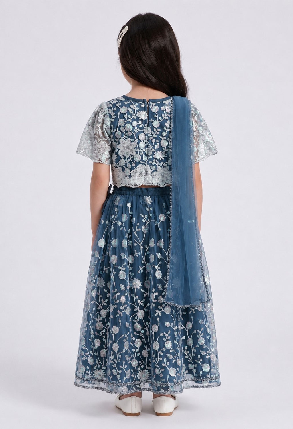 Bella Moda Girls Teal Blue Floral Sequin Embroidered Lehenga Choli with Dupatta AUETH816AH