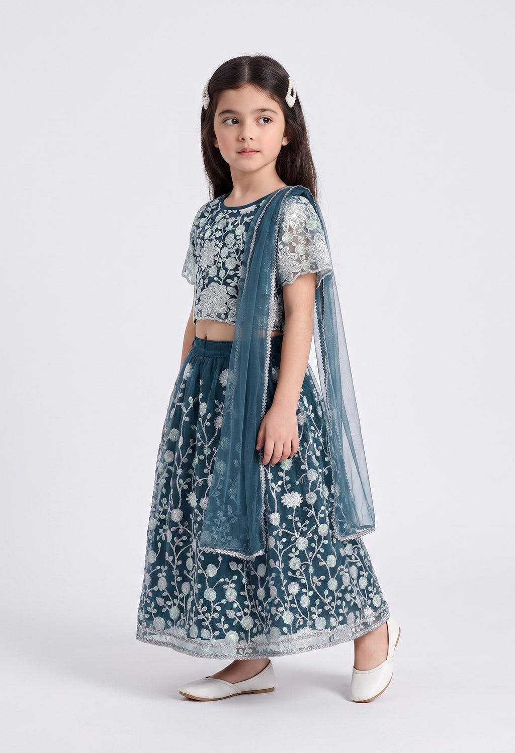 Bella Moda Girls Teal Blue Floral Sequin Embroidered Lehenga Choli with Dupatta AUETH816AH