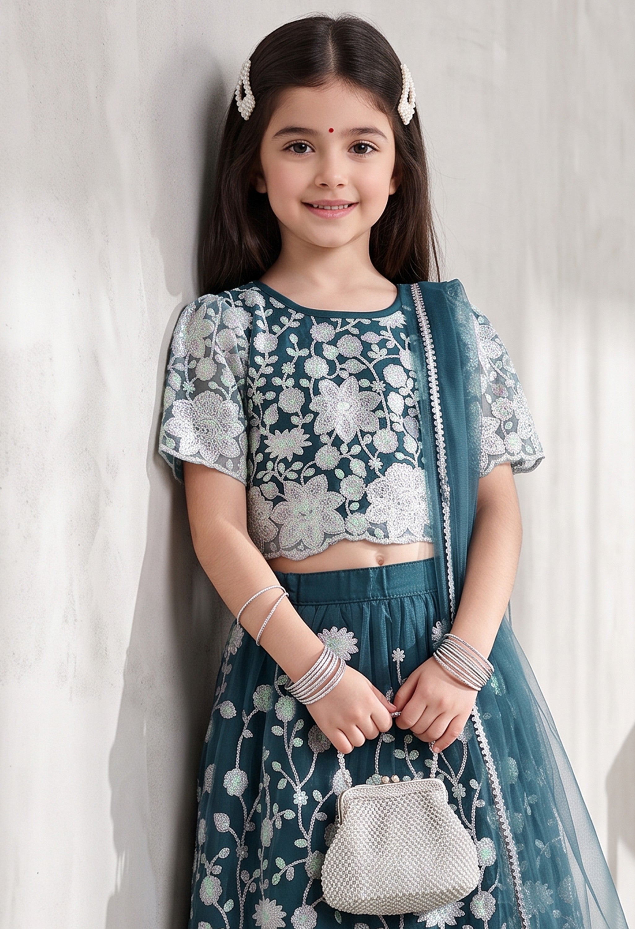 Bella Moda Girls Teal Blue Floral Sequin Embroidered Lehenga Choli with Dupatta AUETH816AH