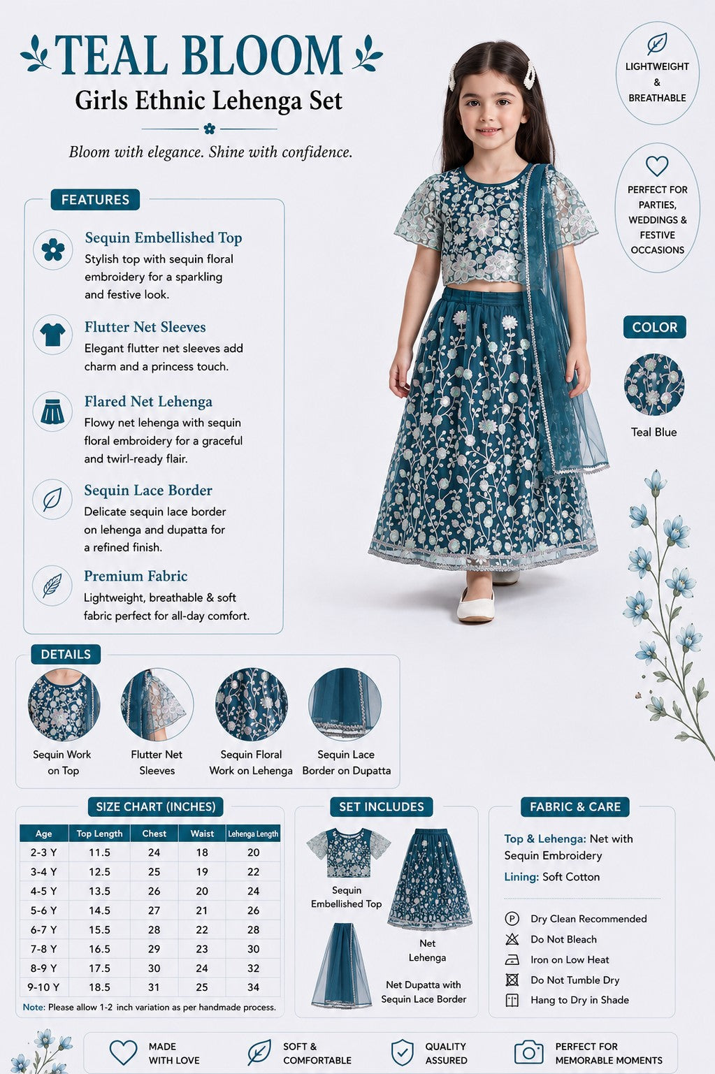 Bella Moda Girls Teal Blue Floral Sequin Embroidered Lehenga Choli with Dupatta AUETH816AH