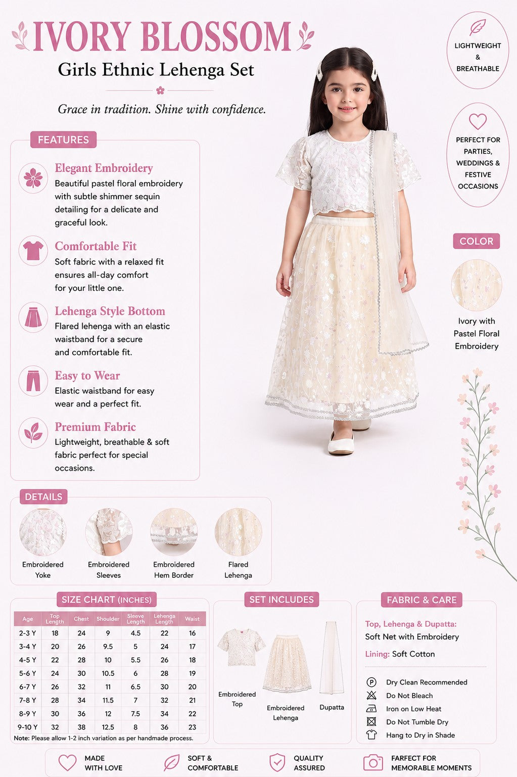 Bella Moda Girls Floral Embroidered Lehenga Choli with Dupatta AUETH817AH