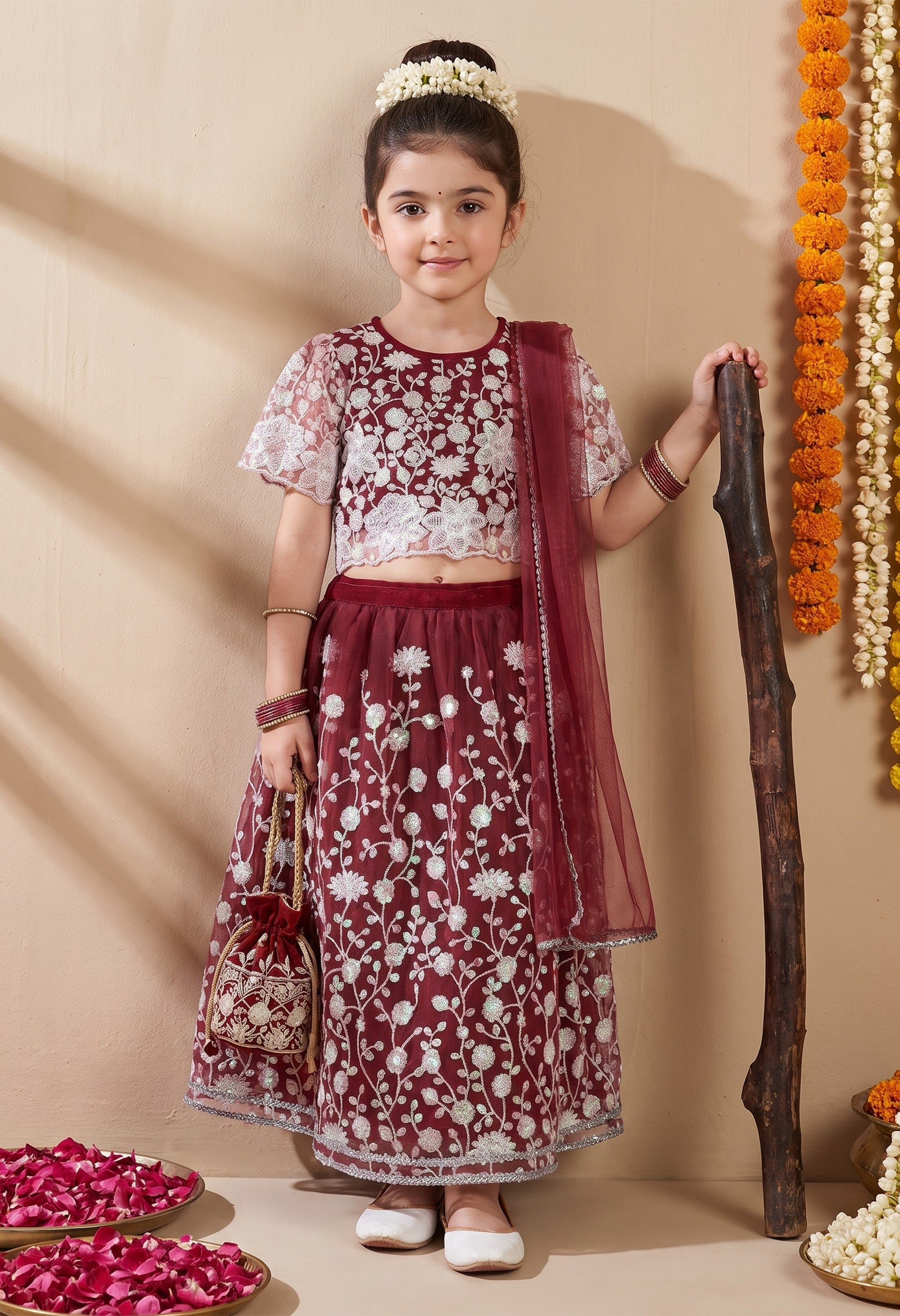 Bella Moda Girls Wine Maroon Embroidered Lehenga Choli Set with Dupatta AUETH818AH