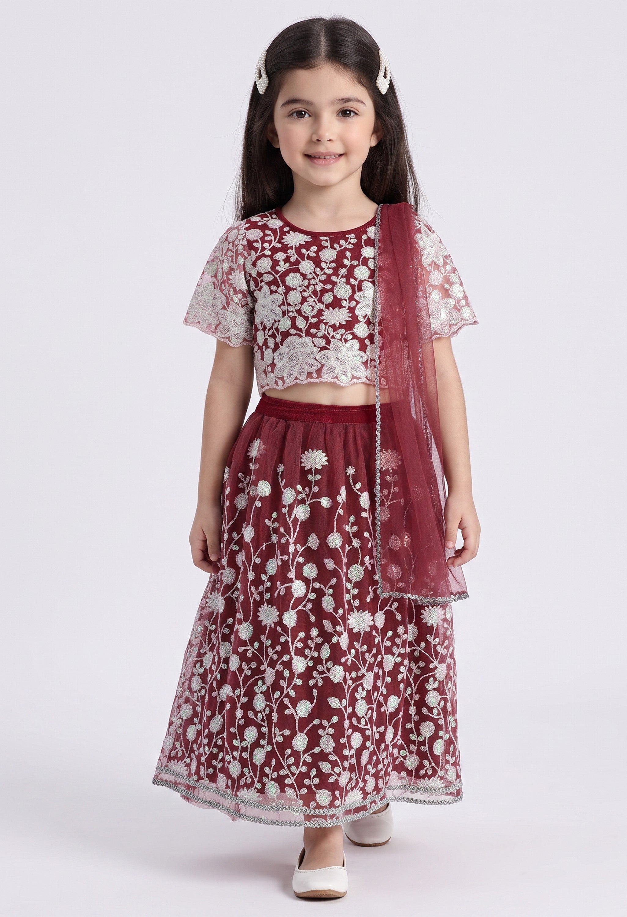 Bella Moda Girls Wine Maroon Embroidered Lehenga Choli Set with Dupatta AUETH818AH