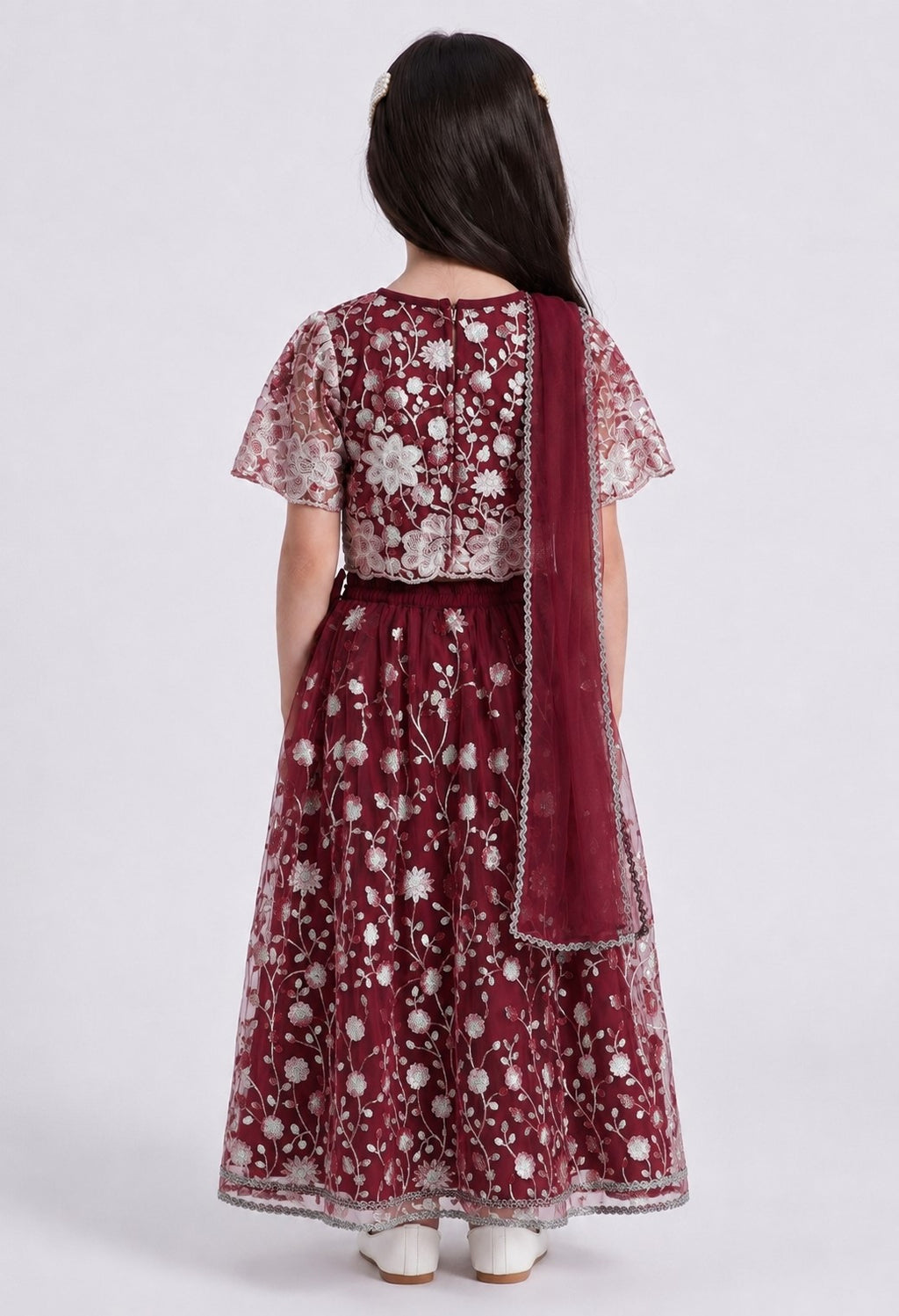 Bella Moda Girls Wine Maroon Embroidered Lehenga Choli Set with Dupatta AUETH818AH