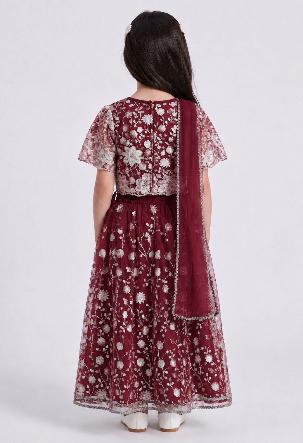 Bella Moda Girls Wine Maroon Embroidered Lehenga Choli Set with Dupatta AUETH818AH