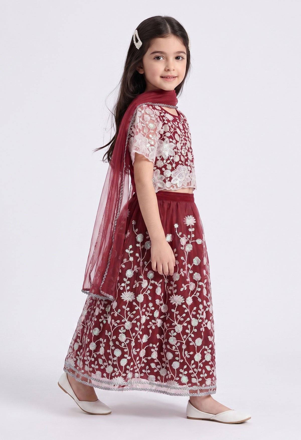 Bella Moda Girls Wine Maroon Embroidered Lehenga Choli Set with Dupatta AUETH818AH