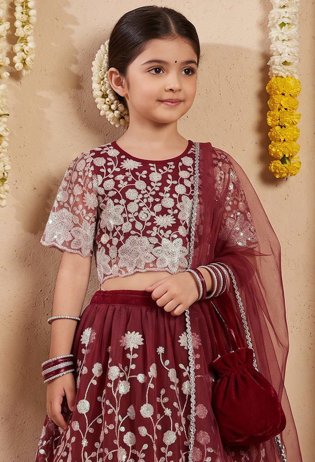 Bella Moda Girls Wine Maroon Embroidered Lehenga Choli Set with Dupatta AUETH818AH