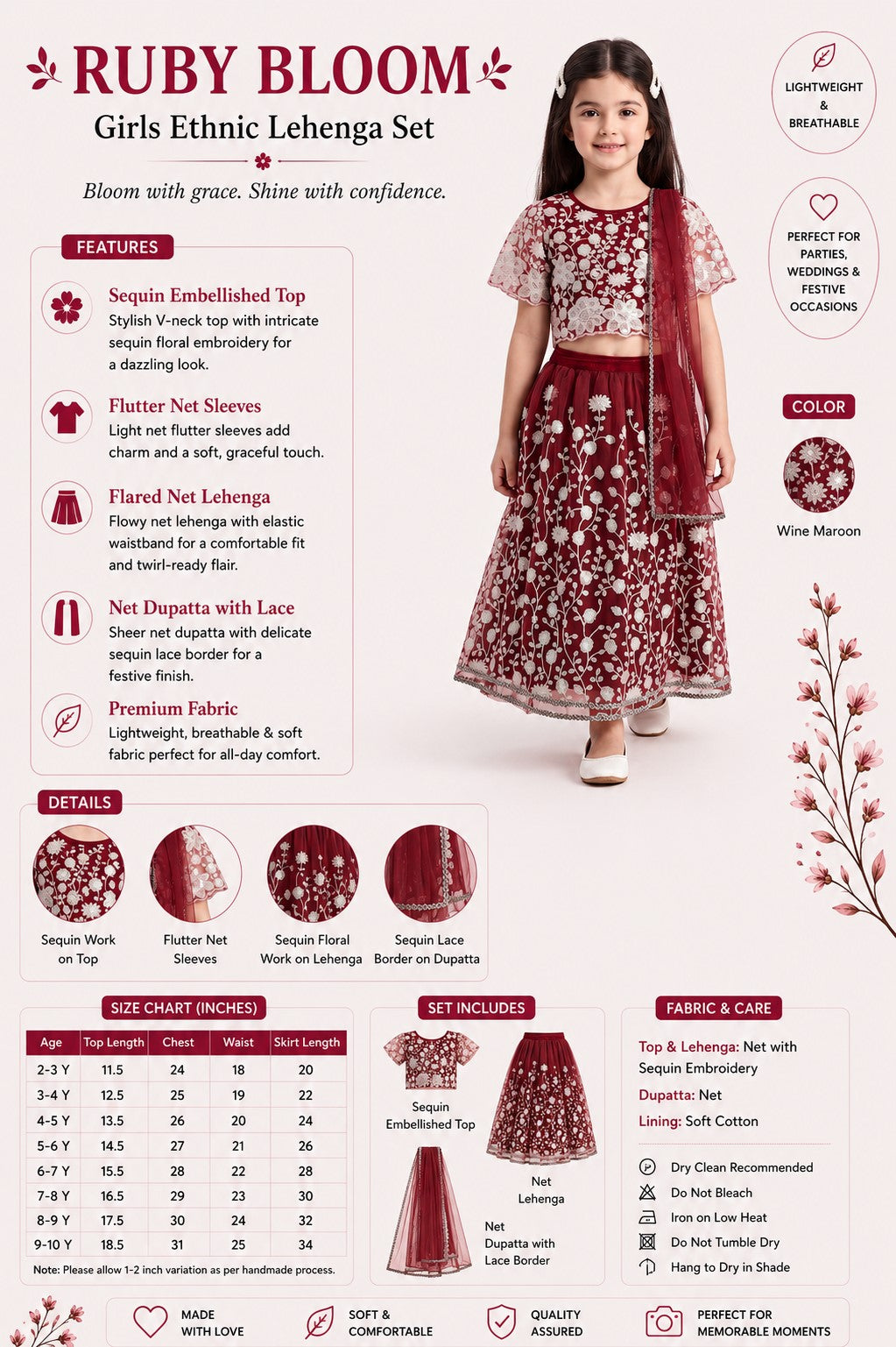 Bella Moda Girls Wine Maroon Embroidered Lehenga Choli Set with Dupatta AUETH818AH