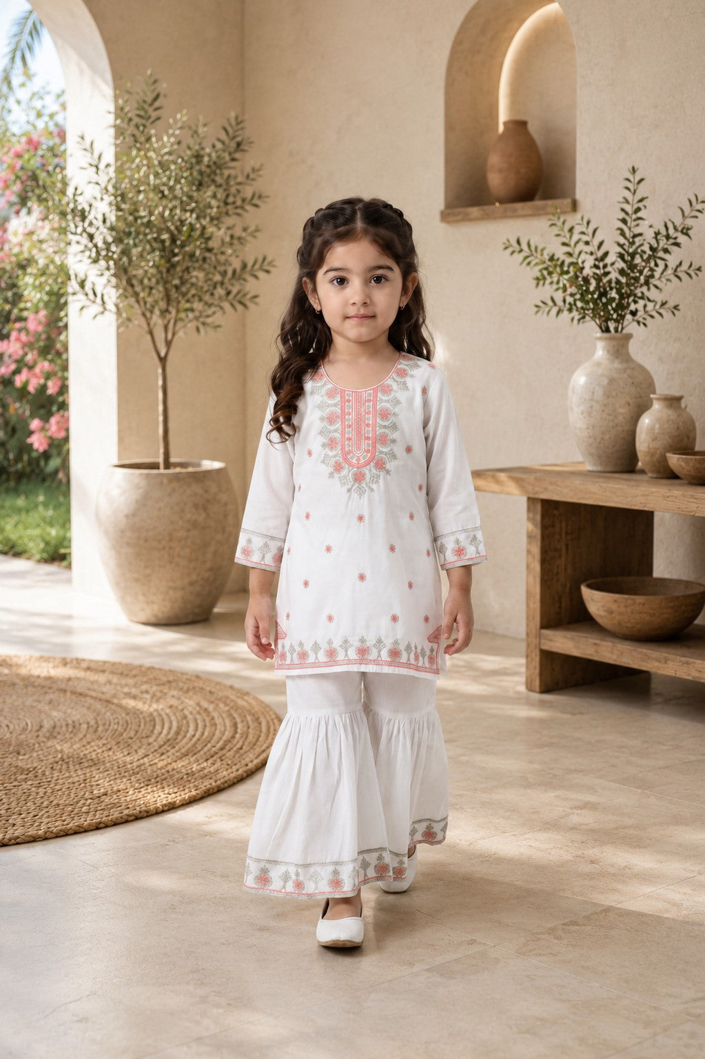 Bella Moda Girls White Embroidered Kurta with Sharara Set AUETH819AD
